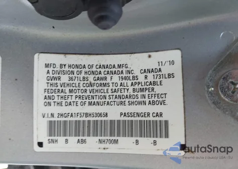 2011 Honda Civic Lx из США, поврежденный, VIN 2HGFA1F57BH530658